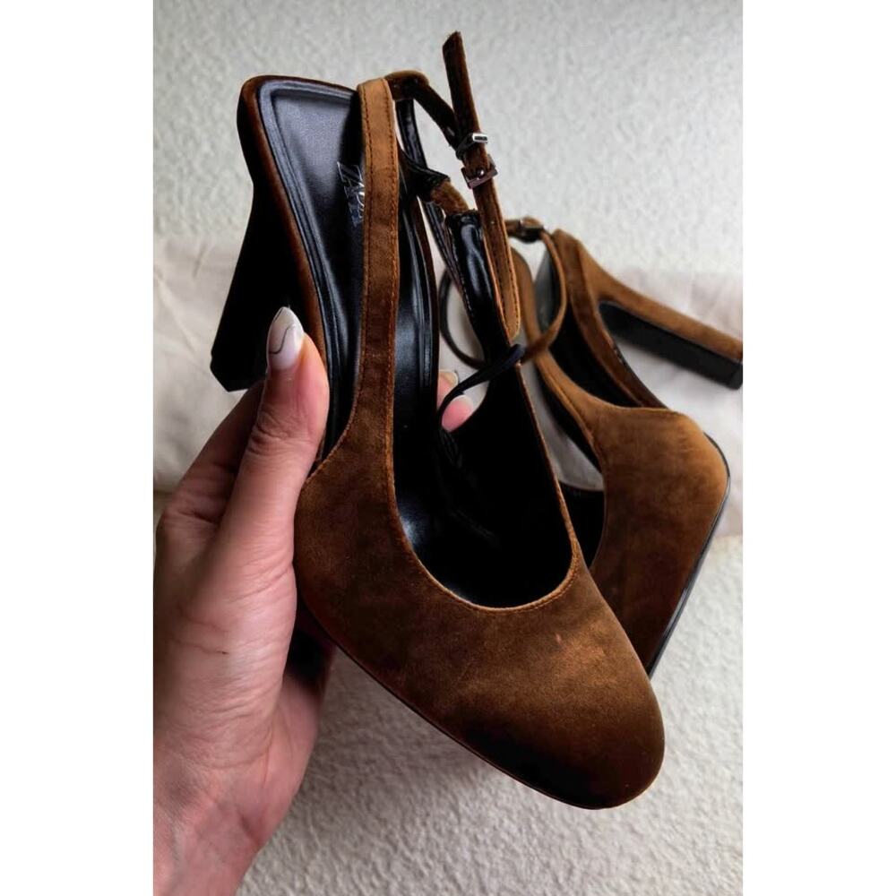 Zara NWT Brown Ocher Velvet Ankle Strap Rounded Toe High Heel Pumps 8 - Picture 10 of 16